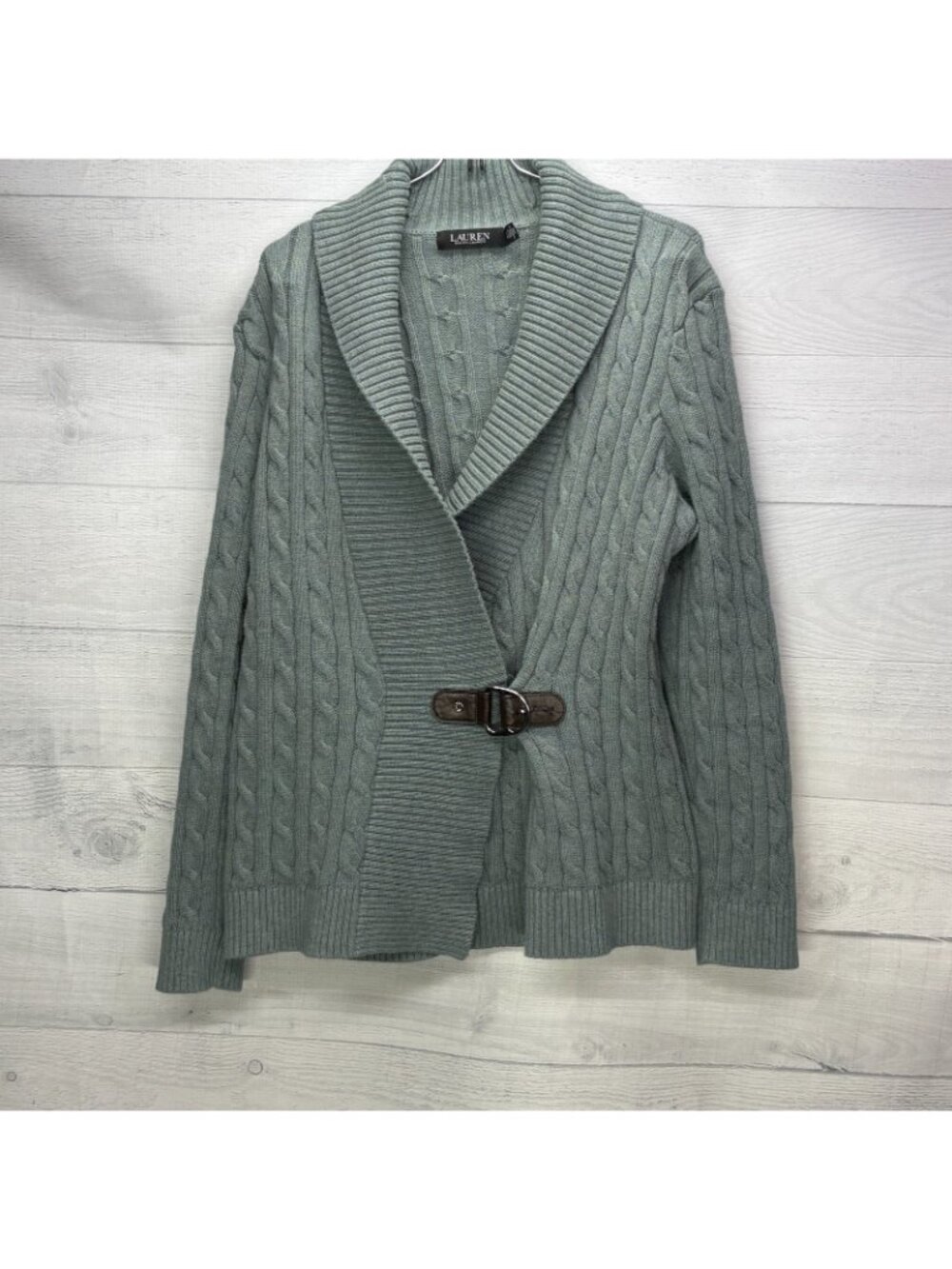 Lauren Ralph Lauren Cardigan Women XL Sage Cable Knit Cotton Shawl Collar Buckle - Picture 2 of 11